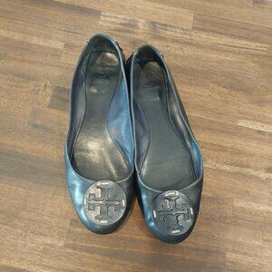 Tory Burch Shoes 9.5 Black Leather Ballet Flat Medallion Logo Round Toe Slip On,